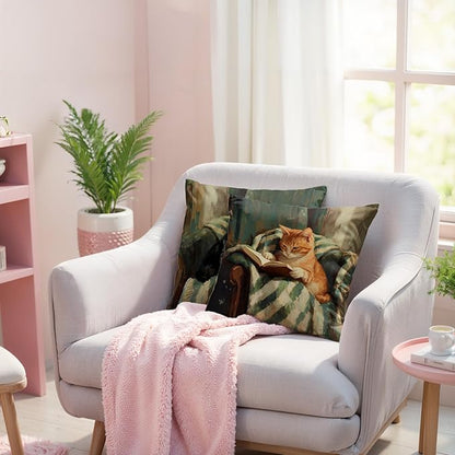 Funny Cat Reader Book Throw Pillow Cover 18 x 18 Set of 2, Gifts for Book Lovers, Reading Nook Corner Decor, Preppy Floral Black Orange Tabby Tuxedo Cats Bookish Pillowcase（04）