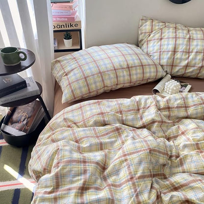 EAVD Vintage Style Buffalo Plaid Duvet Cover Set Twin Soft 100% Washed Cotton Chic Blue&Yellow&Brown Grid Plaid Bedding Set with 2 Pillowcases Farmhouse Gingham Duvet Cover with Zipper