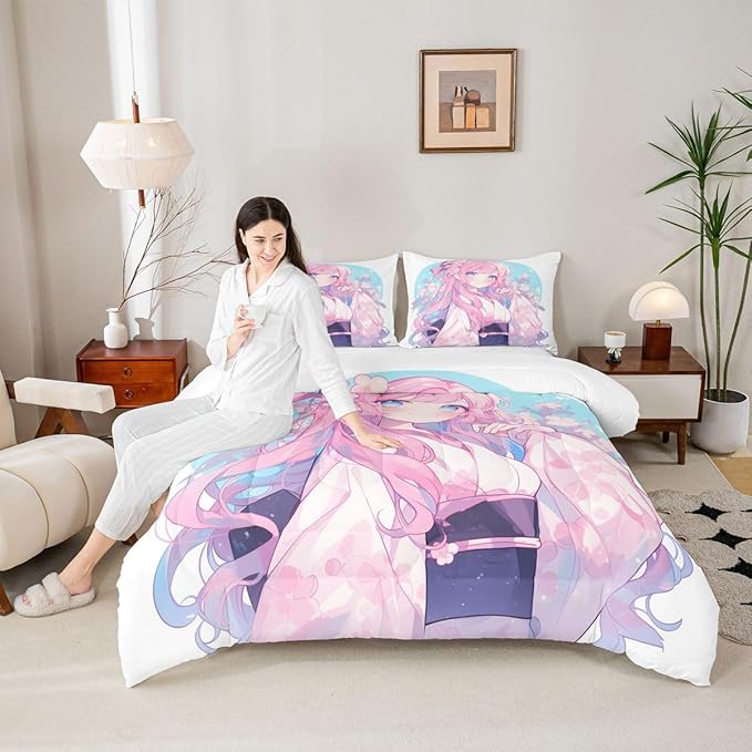 Erosebridal Girls Bedding Japanese Style Comforter Set Queen, 3D Anime Girl Duvet Insert Cartoon Kawaii Kimono Girl Bedding Comforter Sets Romantic Gifts for Her