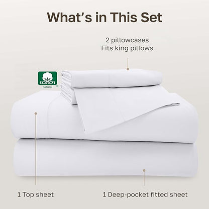 California Design Den 100% Cotton Sheets King Size Set - 500 Thread Count Sateen, Deep Pocket Bedding Set with All Around Elastic for a Snug Fit - White Sheets