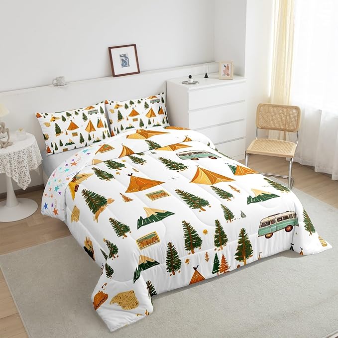 Feelyou Camping Comforter Set Full Size Vintage Comforter Camper Accessories for Travel Trailers Bedding Set Camper Duvet Set Room Decor Ivory Quilt Set