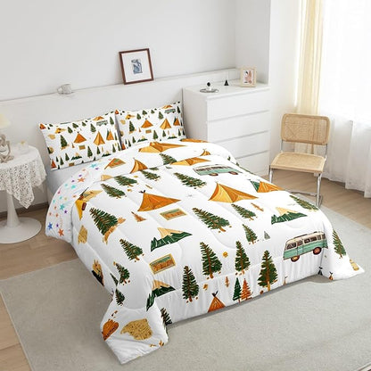 Feelyou Camping Comforter Set Twin Size Vintage Comforter Camper Accessories for Travel Trailers Bedding Set Camper Duvet Set Room Decor Ivory Quilt Set