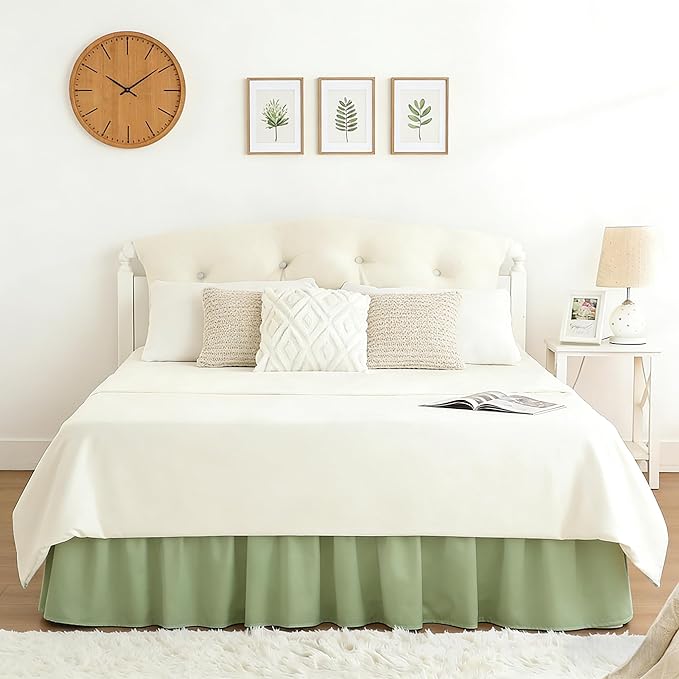 RIMELA Bed Skirt Queen Size 15 Inch Drop, Wrap Around Elastic Bedskirt for Home, Room Decoration for Women, Pleated Adjustable Dust Ruffle, Light Green, Easy to Install