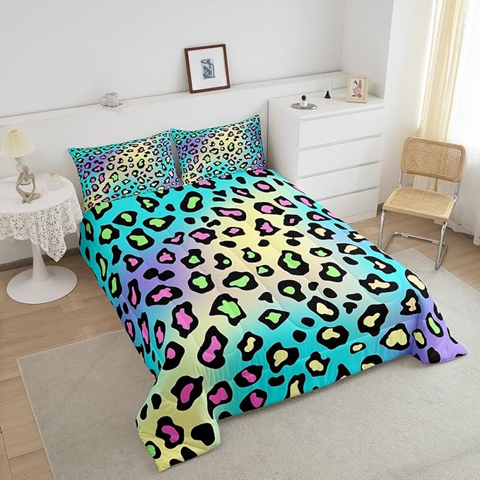 Feelyou Leapord Comforter Set Full Size Leopard Print Comforter for Boys Girls Teens Cheetah Print Bedding Set Morden Duvet Set Room Decor Pale Blue Quilt Set