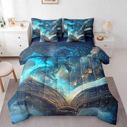 Flying Dragon Bed in a Bag Comforter Set,Magical Book Pattern King Size 7 Pieces for Kids Teens,Vintage Mid-Century Castle Bedding Set with Comforter, Sheet Set, Pillowcases, Pillow Covers