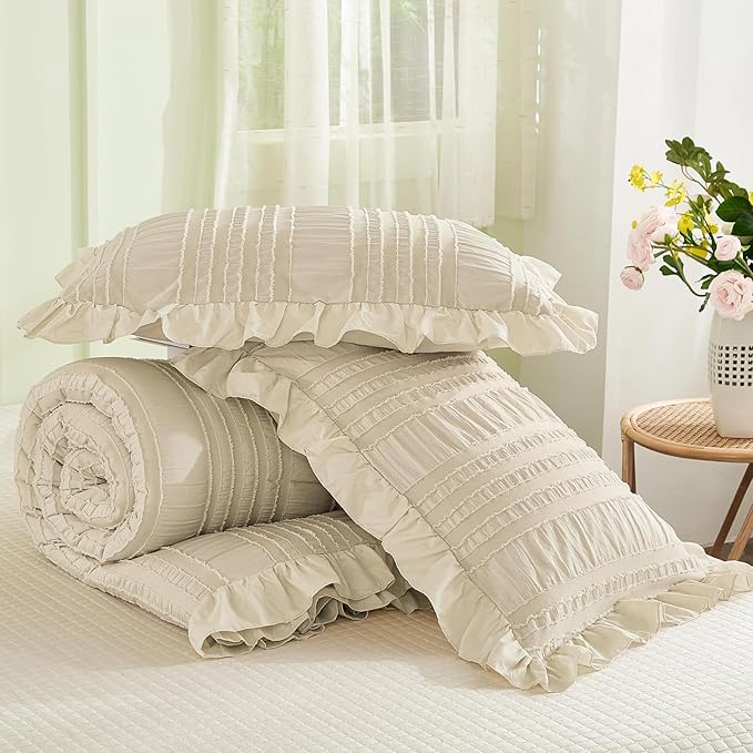 WONGS BEDDING Beige Textured Comforter Set King,3 Pieces Ruffle Farmhouse Shabby Chic Comforter for Queen Bed,Soft Seersucker Boho Bedding Set with 1 Ruffle Comforter,2 Tufted Pillowcases 104"×90"