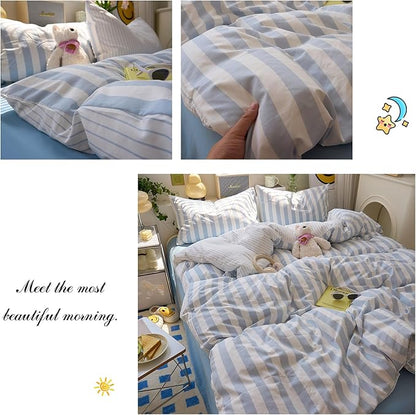 Blue Striped Twin XL Duvet Cover Boho Soft Twin XL Comforter Cover Reversible Farmhouse Cute College Duvet Cover Set with Hidden Zipper Dorm Bedding for Boys Washed Microfiber Duvet Protector