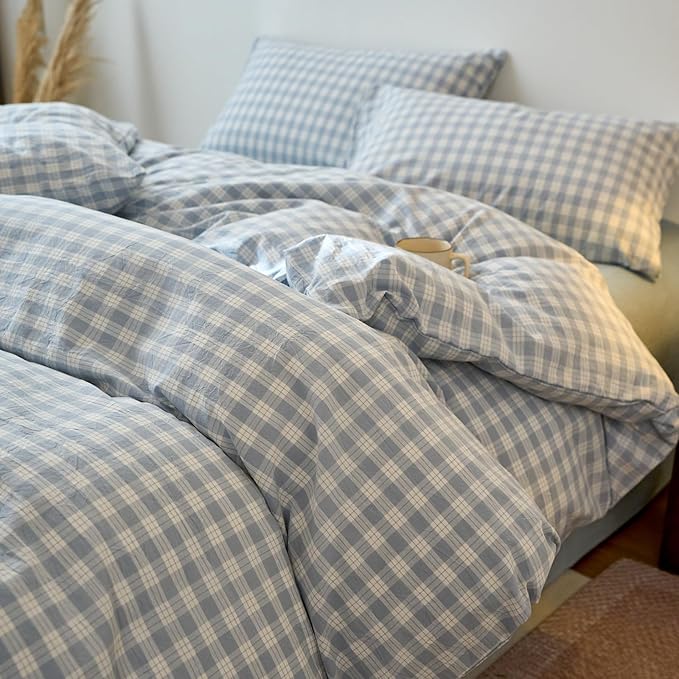 EAVD Vintage Style Blue&White Plaid Gingham Duvet Cover Queen Soft 100% Washed Cotton Chic Grid Checkered Bedding Set with 2 Pillowcases Farmhouse Blue Plaid Duvet Cover with Zipper Closure