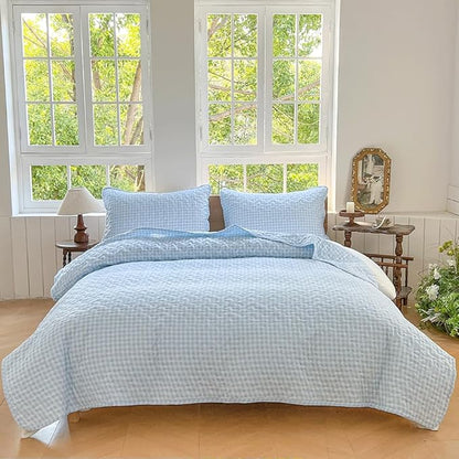 NSNLGSGC Light Blue Gingham King Quilt Set, Soft Pre-Washed Microfiber Blue Plaid King Bedspread, Lightweight Checked Summer Quilt, Grid Bedding Coverlets for All Seasons