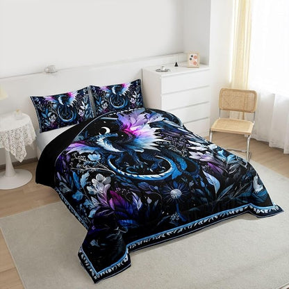 Feelyou Dragon Bedding Set Soft for Boys Girls, Wild Life Comforter Set Toddler Size Jungle Dragon Duvet Quilt Microfiber Wild Animal Bedroom Decor Dark Blue 2 Pcs with 1 Pillow Cases