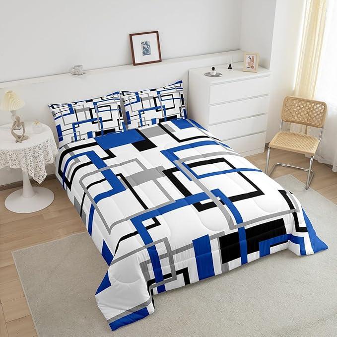 Erosebridal Grid Comforter Set,White Black Grey Blue Square Bedding Set,Geometric Stripes Bold Lines Quilted Duvet Twin Warm for Kids Teens Adult,Modern Creative Art Down Comforter with 1 Pillowcase