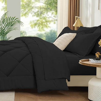 FUANNA 7 Pieces Full Size Comforter Sets, All Season Bedding Sets Full Size, Luxury Soft Bed in a Bag with Comforter, Flat Sheet, Fitted Sheet, Pillowcases & Pillow Shams, Black