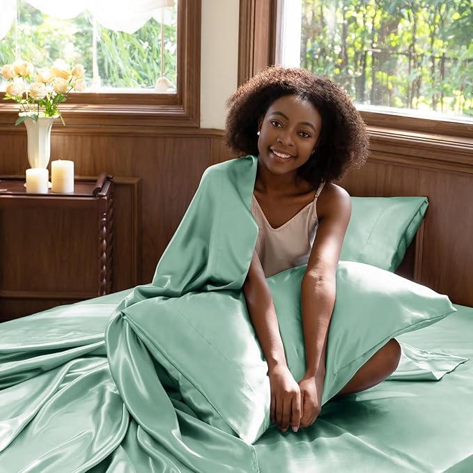 CozyLux Satin Sheets King Size Sheet Set - 4 Piece Silky King Sheets, Luxury Aqua King Bed Set with Smooth and Soft Microfiber, Includes 1 Fitted Sheet, 1 Flat Sheet and 2 Pillowcases