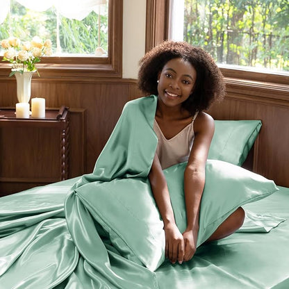 CozyLux Satin Sheets King Size Sheet Set - 4 Piece Silky King Sheets, Luxury Aqua King Bed Set with Smooth and Soft Microfiber, Includes 1 Fitted Sheet, 1 Flat Sheet and 2 Pillowcases