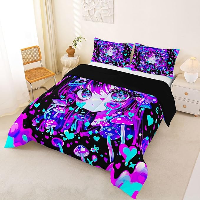 Erosebridal Japanese Girl Bedding King,Cartoon Girly Comforter Set 3D Anime Gifts Bed Sets Colorful Graffiti Print Duvet Insert 3 Pieces