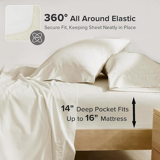Comfort Spaces 100% Cotton Sheets Cal King, Breathable & Soft Cotton Sheets, Naturally Cool Cotton Bed Sheets with 14" Elastic Pocket Fits up to 16" Mattress, All Season Sheet Set, Ivory 4 Piece