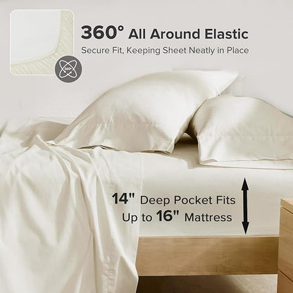 Comfort Spaces 100% Cotton Sheets Queen, Breathable, Ultra Soft Cotton Sheets, Naturally Cool Cotton Bed Sheets with 14" Elastic Pocket Fits up to 16" Mattress, All Season Sheet Set, Ivory 4 Piece