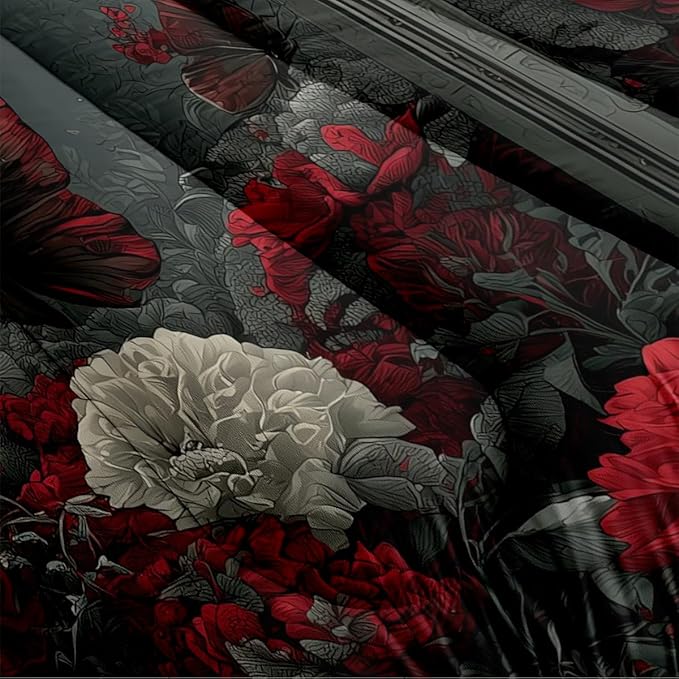 Women Victorian Red Rose Comforter Set, Twin Size 5-Piece White Butterfly Comforter Sets for Girls Room Decor, 1 Comforter 68"x 90", 2 Pillowcases, 1 Fitted Sheet, 1 Flat Sheet
