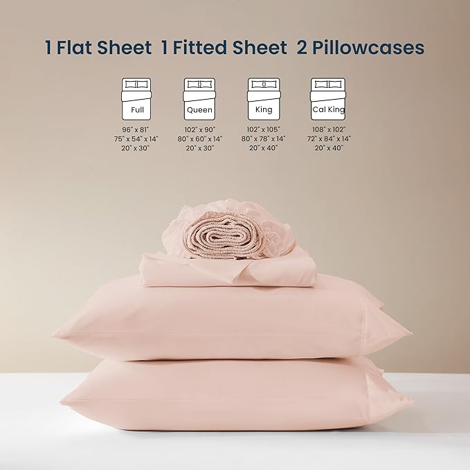 SLEEP ZONE Nanotex Super Soft Cooling King Bed Sheets Set for Kids 3 Piece - Easy Care Fitted Flat Sheet & Pillowcase Sets - Wrinkle Free,Fade Resistant,Deep Pocket 16",Rose Pink,King