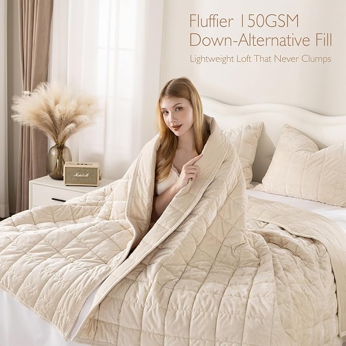 KASENTEX Greek Velvet Queen Quilt Set, 3× Softer Luxe Sheen, 100% Cotton Backing, 150GSM Down-Alternative Fill, Expanded 98×98" Coverage for Fuller Side Drape (1 Quilt + 2 Pillow Shams), Sandshell