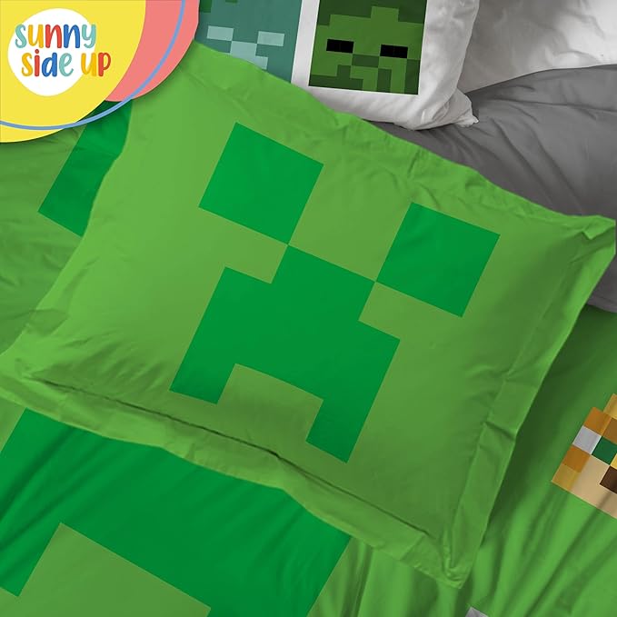 Sunny Side Up Minecraft Full Comforter Set - 7 Piece Kids Bedding Includes Comforter, Sheets & Pillow Cover - Super Soft Gamer Microfiber Bed Set