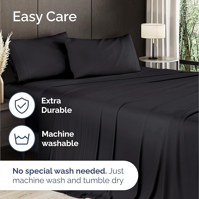 100% Rayon Derived From Bamboo - Bamboo Sheets Queen Size - Cooling Sheets for Queen - Ultra Soft, Breathable & Hotel Luxury Bedding - 1 Flat & 1 Fitted & 2 Pillowcases w/ 16 Inch Deep Pockets - Black