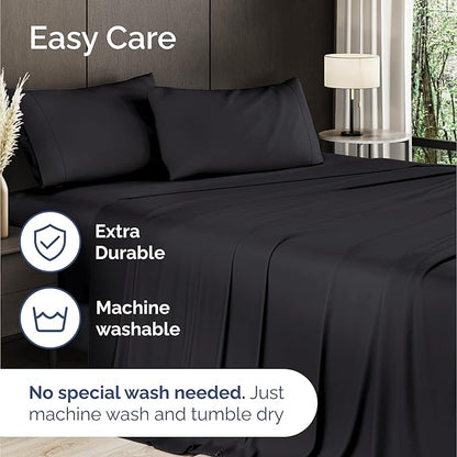 100% Rayon Derived From Bamboo - Bamboo Sheets Queen Size - Cooling Sheets for Queen - Ultra Soft, Breathable & Hotel Luxury Bedding - 1 Flat & 1 Fitted & 2 Pillowcases w/ 16 Inch Deep Pockets - Black