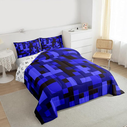 Pixelated Blocks Kid Comforter Set Queen Size,Army Camouflage Miners Game Bedding Set,Boy Room Decor,Geometric Grid Patchwork Quilt Comforter,Black Dark Blue Duvet Set Bedroom Quilt Set,2 Pillowcases