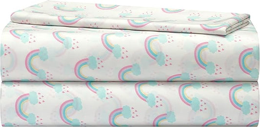 Heritage Kids 3 Piece Twin Sheet Set – Rainbow Print – Includes Flat Sheet, Fitted Sheet & Pillowcase – Soft Microfiber Bedding for Girls – Fits Standard Twin Bed