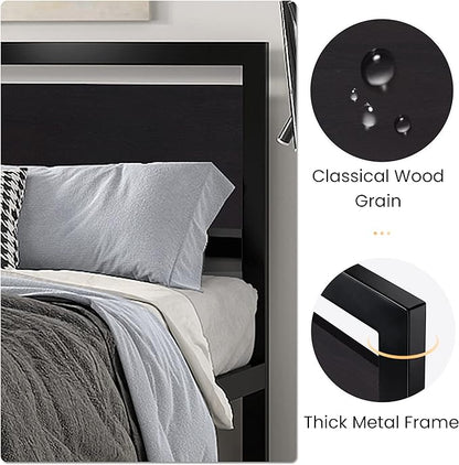 SHA CERLIN Heavy Duty Queen Size Bed Frame with Modern Headboard, Black | Platform Metal Base with Square Footboard and 13 Strong Slats Support, No Box Spring Needed
