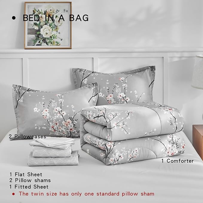 AIKASY Bed in a Bag 6 Pieces Twin Size - Floral Print - Soft Microfiber, Reversible Bed Comforter Set (1 Comforter, 2 Pillow Shams, 1 Flat Sheet, 1 Fitted Sheet, 1 Pillowcases)（Grey, Twin）