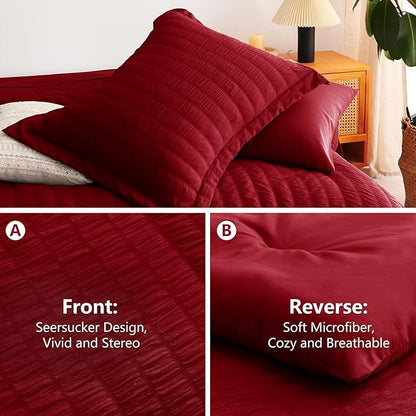 CozyLux Full Size Comforter Sets with Sheets 7 Pieces, Dark Red Seersucker Bed in a Bag Textured Luxury Soft Bedding Set with Down Alternative Comforter, Sheets, Pillowcases & Shams for All Season