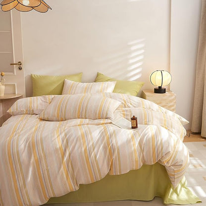 Yellow Striped Twin XL Comforter Set Fluffy Boho Bedding Set Down Alternative Washed Cotton Rustic Soft Bedding Comforter Sets Cozy Cute All Season Bedroom Bed Comforter with 2 Pillowcases