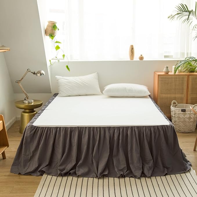 BISELINA French Linen Bed Skirt with Pleated Frills 14-Inch Tailored Drop Natural Flax Cotton Blend Dust Ruffle Soft Cozy Farmhouse Bedding (14" Full, Ruffle Dark Grey)