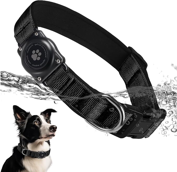 Upgrade Dog Collar with AirTag Holder, IP68 Waterproof, Black, XS | Built-in Water Resistant AirTag holder, 1000D Nylon, Reflective Stitching for Night Visibility, Soft padding for Comfort