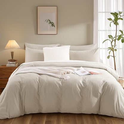 NEXHOME PRO 100% Washed Cotton Duvet Cover Queen Size, Ogranic Natural Linen Feel Breathable Bedding Set with Zipper Closure, 3 Pieces Duvet Cover Set Linen (No Comfortert) 9090