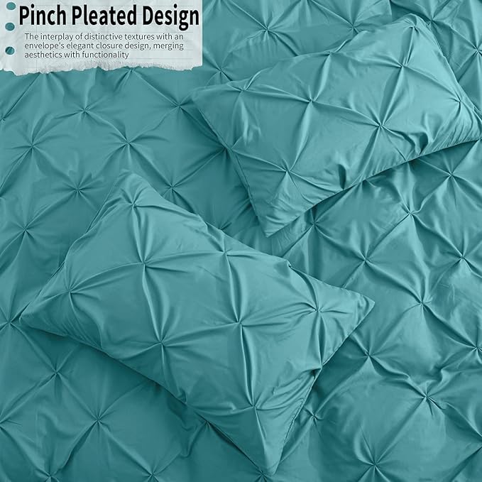 VACVELT 5 Piece Pinch Pleated Duvet Cover California King Size Set, Teal Pintuck Duvet Cover with Zipper & 8 Ties, Soft Microfiber Duvet Cover + 2 Pillow Shams + 2 Pillowcases, No Comforter