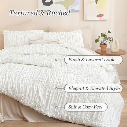 weigelia Cream Comforter Set Full – Textured Ruched Cream Ivory Full Comforter Set, Soft White Aesthetic Bedding with 2 Pillowcases, 3 Piece Modern Organic Bedroom Comforter Set