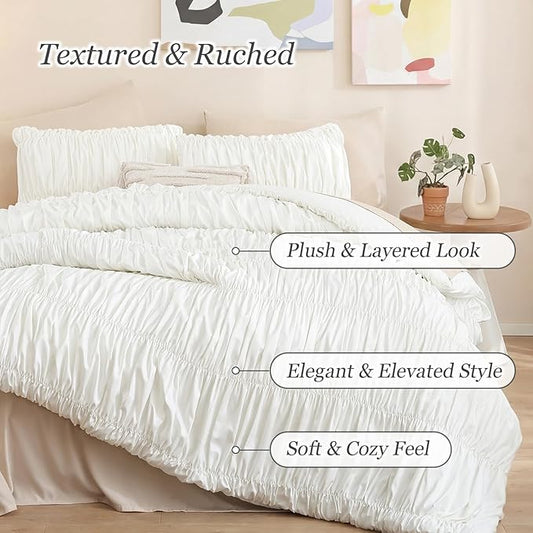 weigelia Cream Comforter Set Queen – Textured Ruched Cream Ivory Queen Comforter Set, Soft White Aesthetic Bedding with 2 Pillowcases, 3 Piece Modern Organic Bedroom Comforter Set