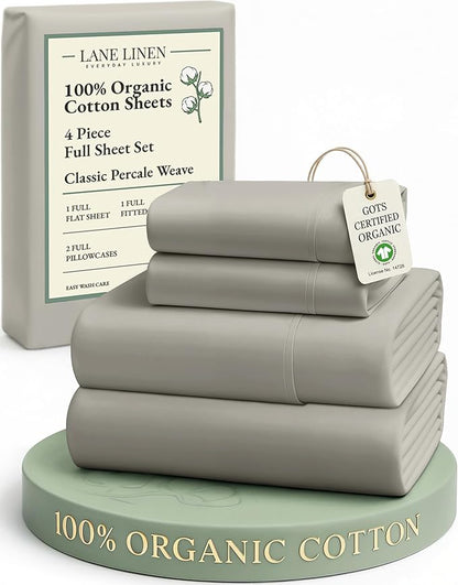 LANE LINEN 100% Organic Cotton Eco Friendly Full Size Sheet & Pillowcase Sets, 15" Deep Pocket Fully Elasticized Soft & Comfy Percale Bedding, Naturally Temperature Regulating Sheets Full- Silver