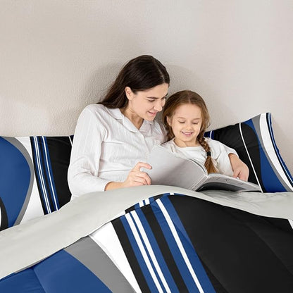 Erosebridal Blue Black Abstract King Bedding Set Grey Modern Striped Comforter Set for Adult Women Men Geometric Stripes Lines Bed Collections Contemporary Art Boho Duvet Quilt Sets for Minimalist