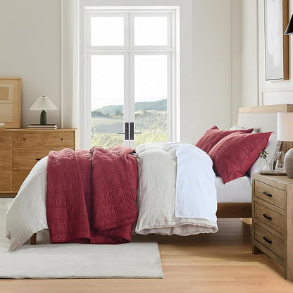 HORIMOTE HOME 100% Cotton Quilt Set King Size, Burgundy Red Pre-Washed Bedspreads Coverlet Set in Geometric Pattern, Cozy Lightweight Stitching Decorative Bedding Cover with 2 Shams for All Season