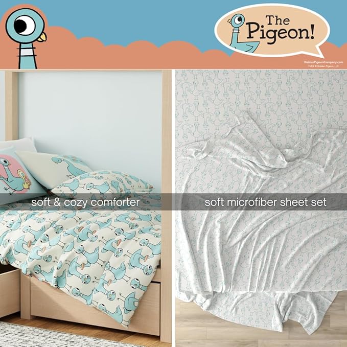 The Pigeon Finds A Hot Dog Twin Bedding Set – 5 Piece Super Soft Microfiber Reversible Comforter, Sheet Set & Sham - Book by Mo Willems (Officially Licensed Product) by Franco