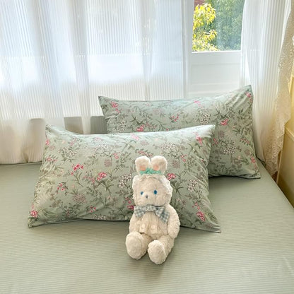 Comforter Set Queen 3 Piecess Green Pink Floral Bedding Set for Girls Kids Colorful Botanical Flower Bedding Soft Breathable Microfiber Sage Green Comforter with 2 Pillowcases