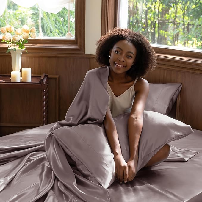 CozyLux Satin Sheets King Size Sheet Set - 4 Piece Silky King Sheets, Luxury Dusty Purple King Bed Set with Smooth and Soft Microfiber, Includes 1 Fitted Sheet, 1 Flat Sheet and 2 Pillowcases