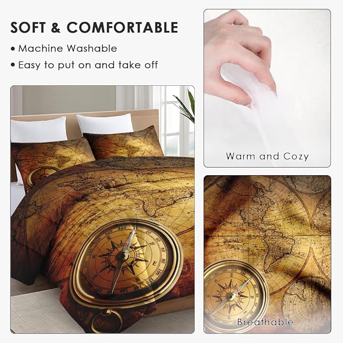 King Size Comforter Set with 2 Pillowcases, Vintage Retro World Map Soft 3 Pcs Bedding for Kids and Adults Bedroom Bed Decor