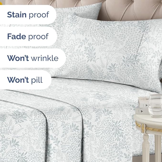 Floral Sheets - Grey Floral Bed Sheet Set - 1 Flat, 1 Fitted & 2 Pillowcases w/ Deep Pockets - Comfy, Wrinkle & Fade Free - Boho Botanical Bedding - Ultra-Soft, Breathable & Cooling - Full Size