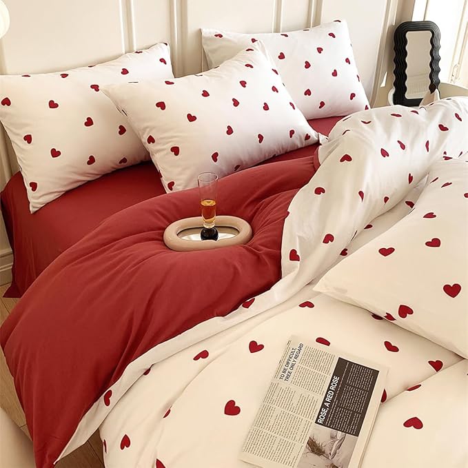 White Twin Comforter Set - Red Heart Quilt Bedding Set 2 Pieces, Comforter Set Twin Size, Soft & Lightweight Comforter(68‘’ x 90‘’) for Girl All Season & 1 Pillowcase(30‘’x20‘’)