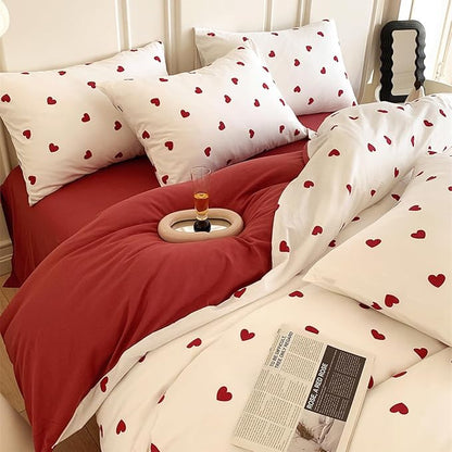 White Twin Comforter Set - Red Heart Quilt Bedding Set 2 Pieces, Comforter Set Twin Size, Soft & Lightweight Comforter(68‘’ x 90‘’) for Girl All Season & 1 Pillowcase(30‘’x20‘’)