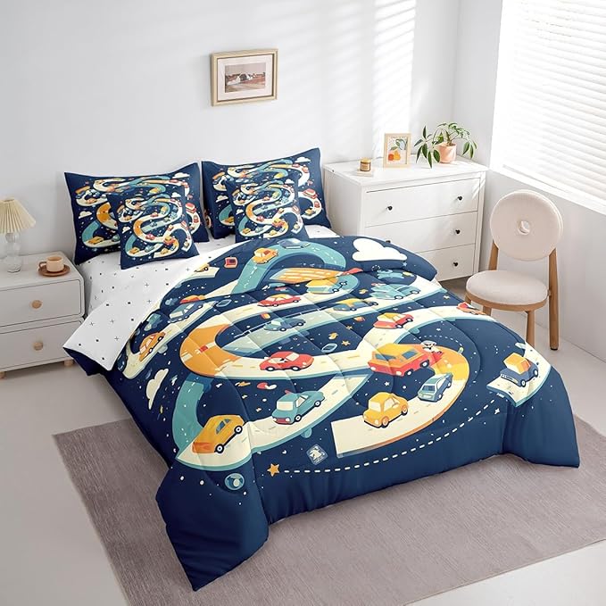 Castle Fairy Road Traffic Comforter Set King Size,Colorful Cartoon Cars Bed Set 7pcs with Comforter,Fitted Sheet,Flat Sheet,2 Pillowcases and 2 Throw Pillow Covers,Vehicle Car Bedding for Kids